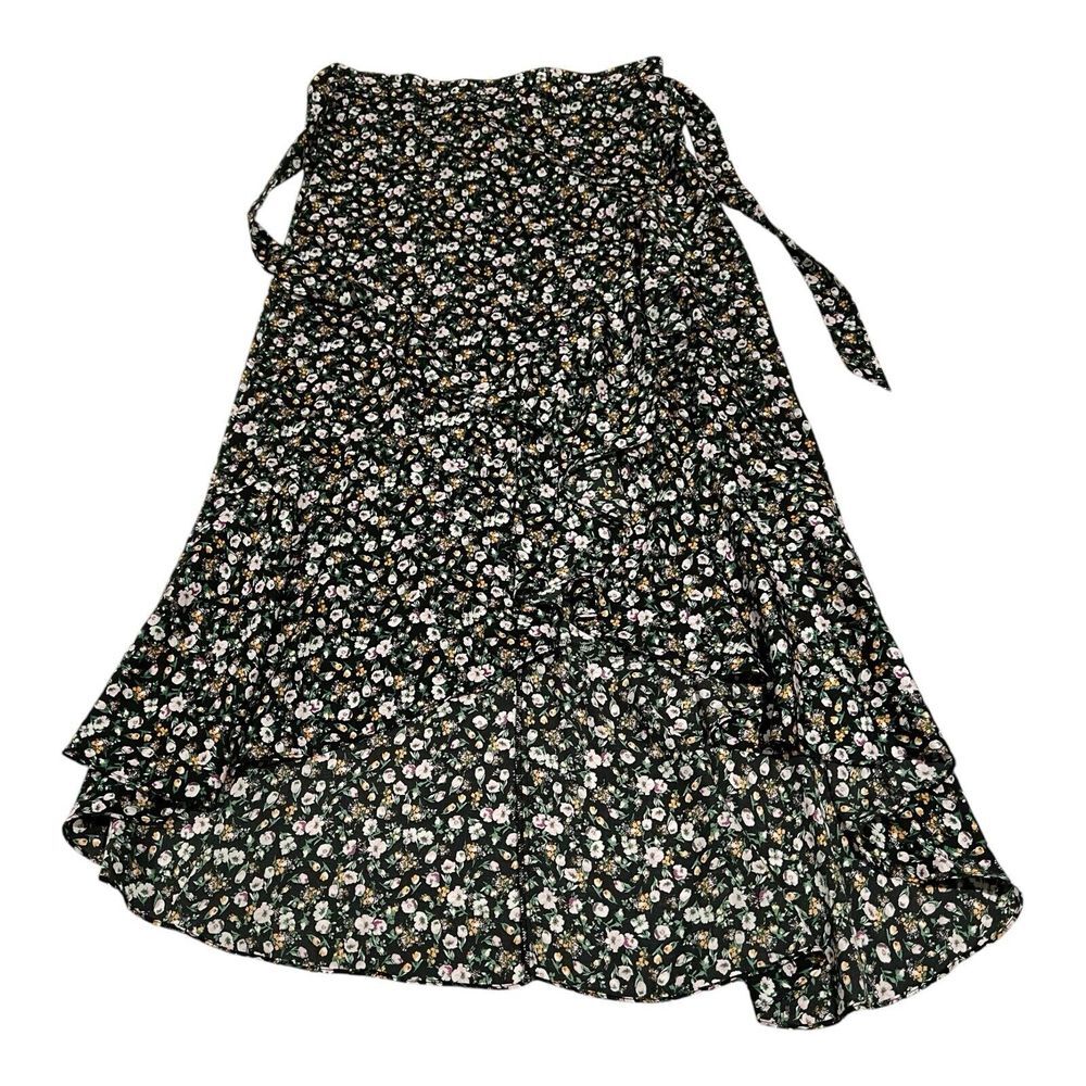 H HALSTON Women's‎ Ruffle Floral Printed Cross Midi Skirt Size Medium EUC
